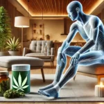 Digital human figure seated next to cannabis products in a stylish living room, with greenery and a scenic mountain view in the background
