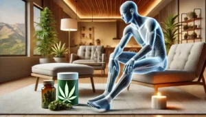 Digital human figure seated next to cannabis products in a stylish living room, with greenery and a scenic mountain view in the background