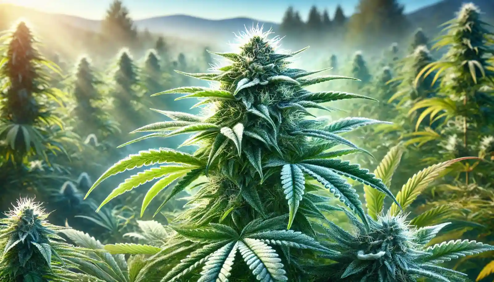 Close-up of a not pgr weed plant with dense, frosty buds and vibrant green leaves, thriving in a sunny outdoor field with distant hills