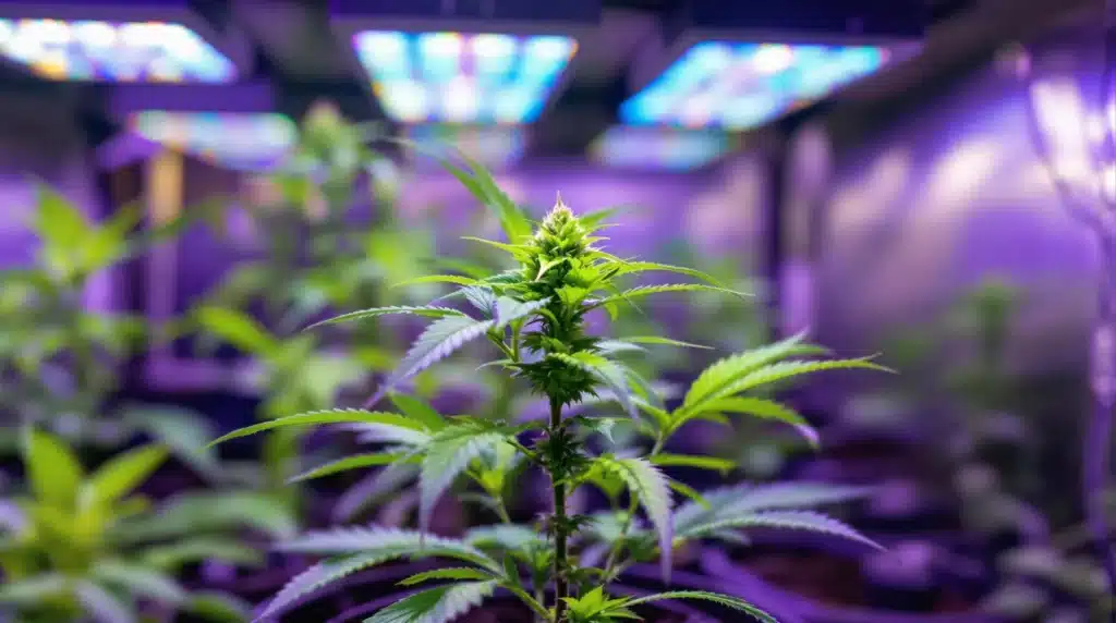 Cannabis seedling under grow lights showing effects of the 3-4-2 nutrient ratio on growth.