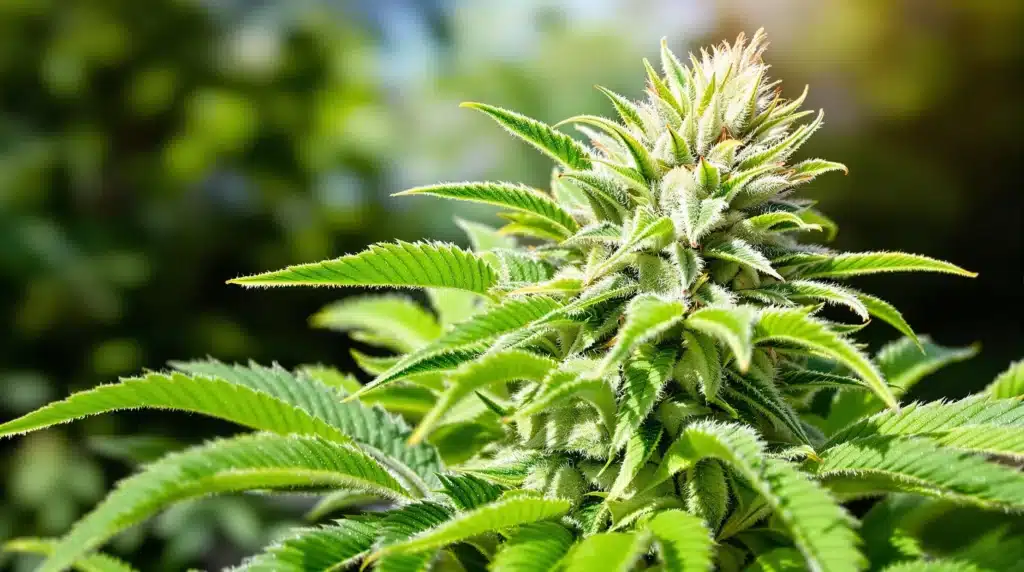 Close-up of a blooming cannabis plant with frosty trichomes.