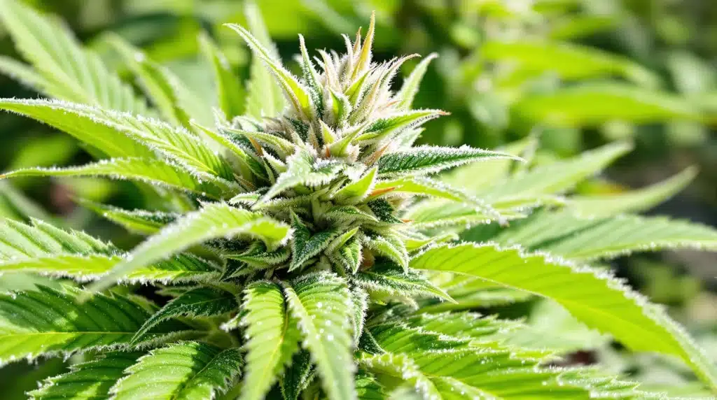 Close-up of a blooming cannabis plant with frosty trichomes.
