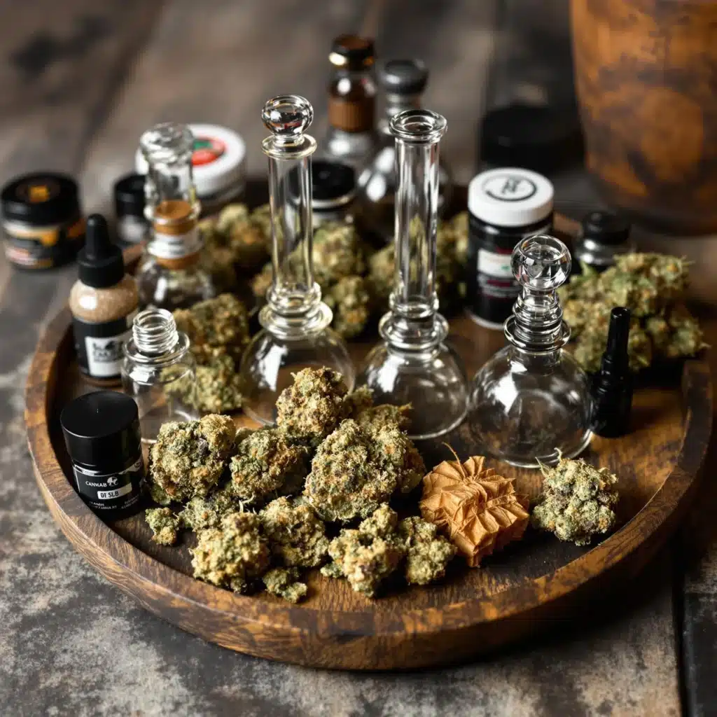 Assorted cannabis products on a wooden tray, including buds and glass pipes.
