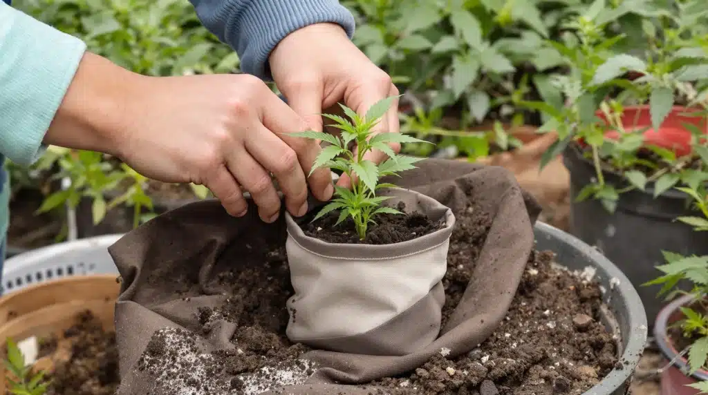Transplanting a cannabis seedling from a 3-inch fabric pot into a larger garden container.