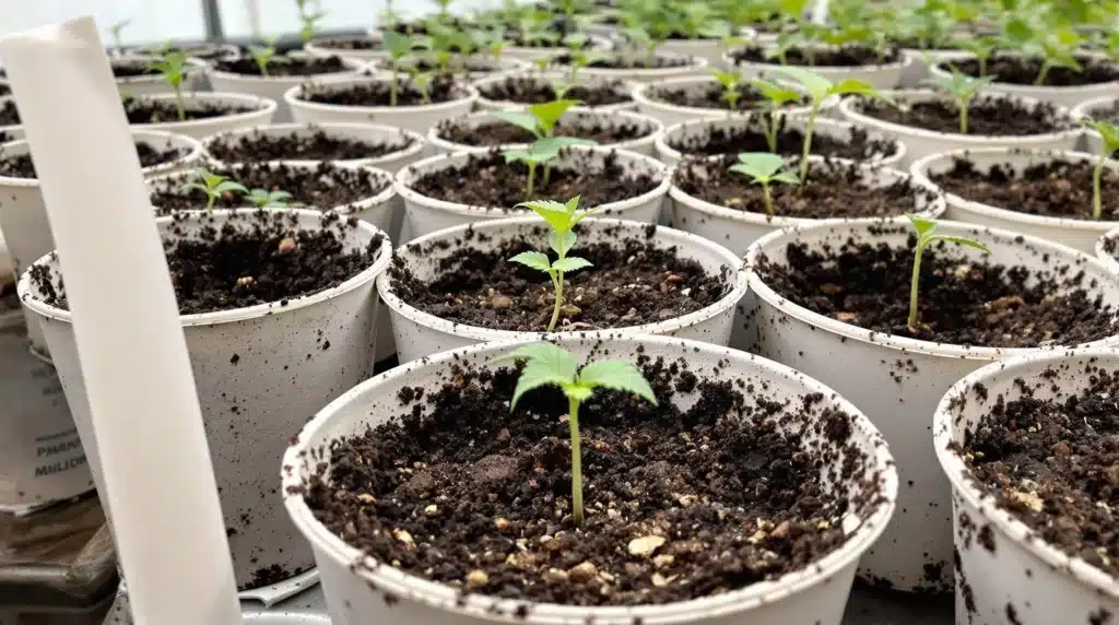 Biodegradable 3-inch seed starting pots with cannabis seedlings in a greenhouse.