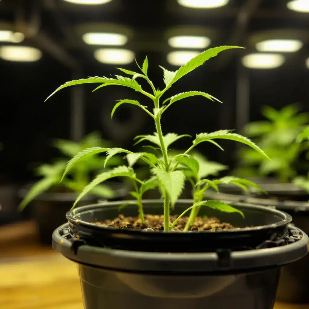 Cannabis seedling in a 3-inch plastic seed starting pot under grow lights.
