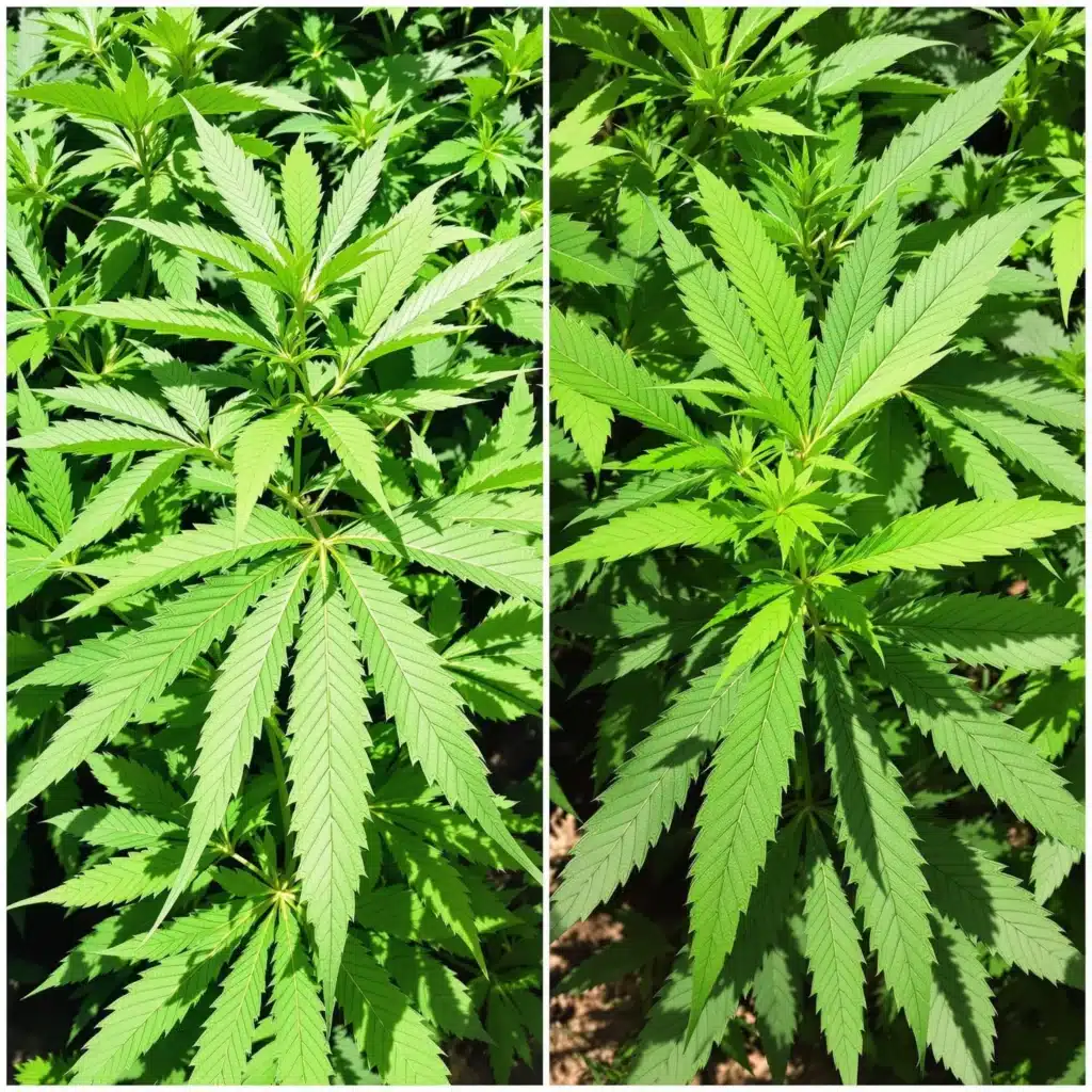 Cannabis plant showing five-fingered and three-fingered leaves under natural light.