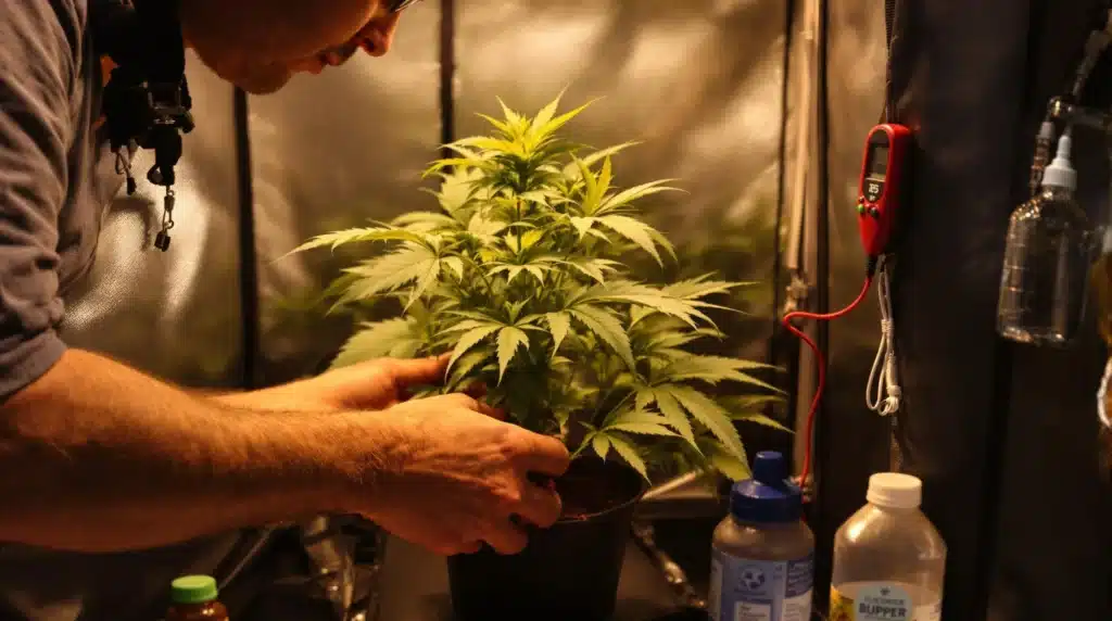 Grower inspecting a 5-leaves weed plant with hygrometer and nutrients visible in a grow tent.