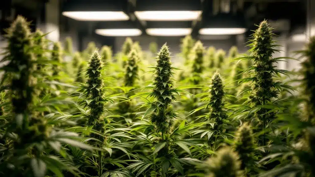 Indoor cannabis grow room with plants displaying white hairs during week 9 of flowering.