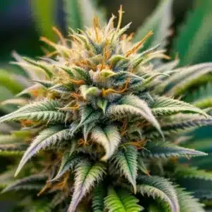 Close-up of cannabis buds with white hairs at 9 weeks flowering stage.