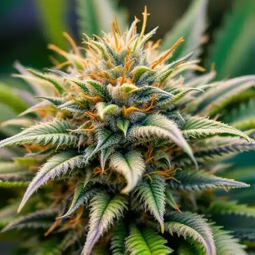 Close-up of cannabis buds with white hairs at 9 weeks flowering stage.