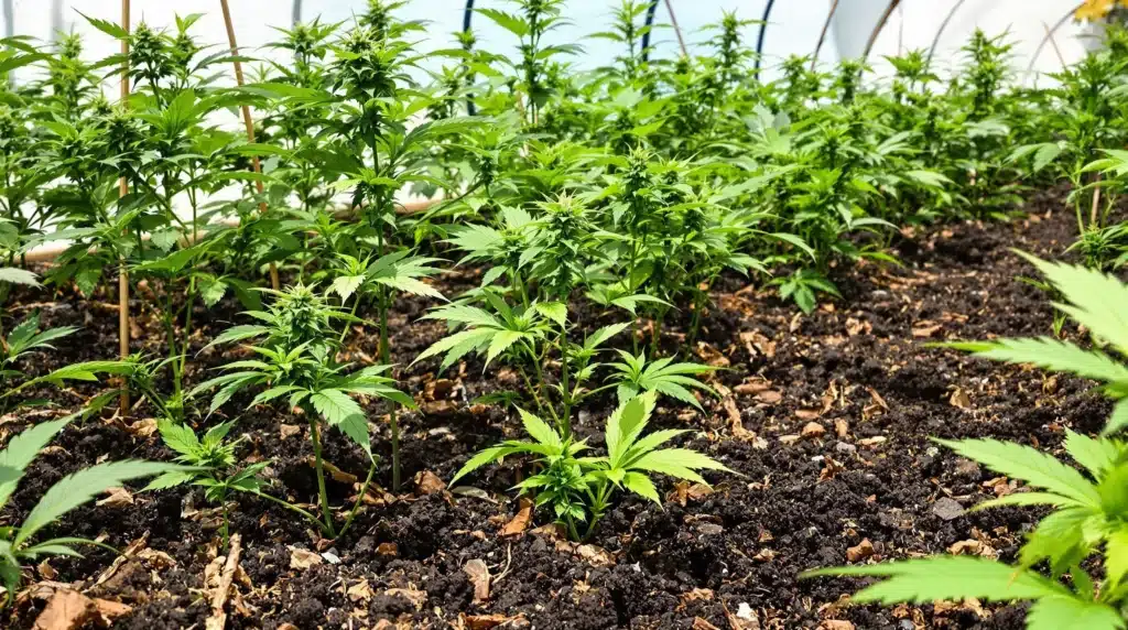 Cannabis plants thriving in worm-enriched soil with dead plant matter.