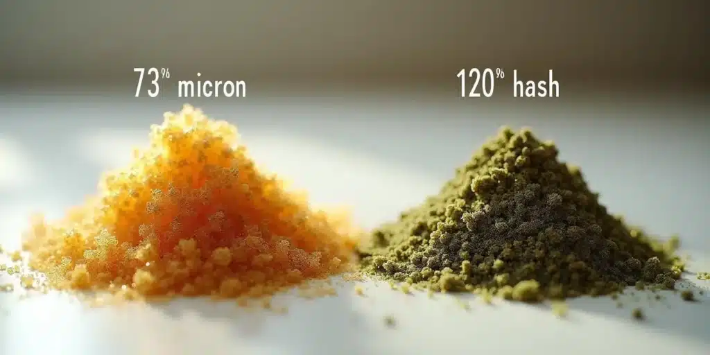 Close-up comparison of two piles of hash: one labeled "73 micron" (light orange) and the other "120 hash" (greenish-brown).