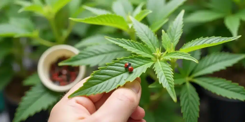 Cannabis leaf with ladybugs during autoflower week 2.