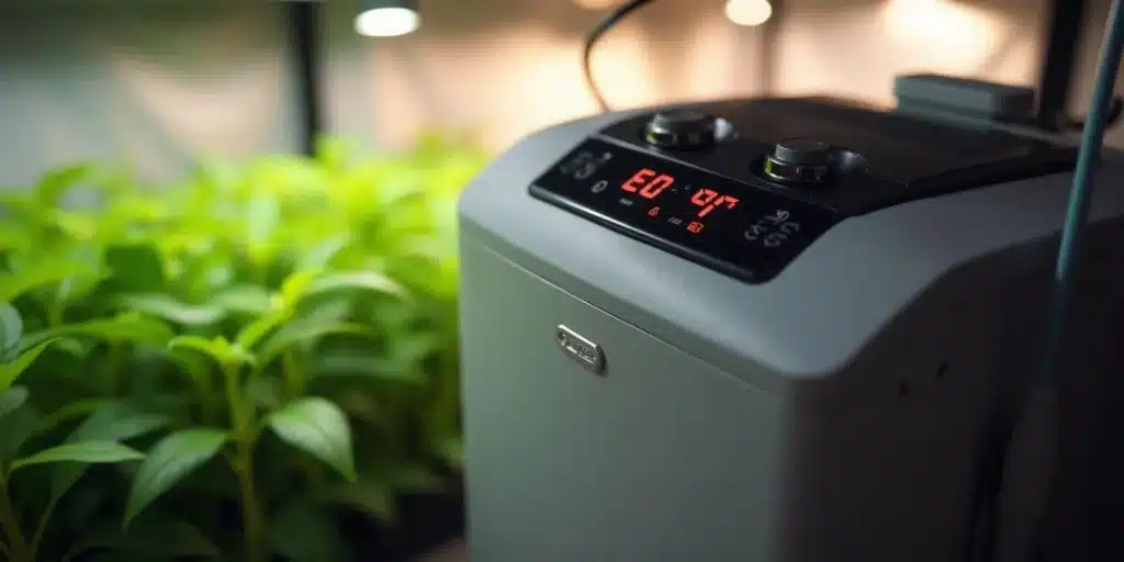 Close-up of a digital dehumidifier display in a cannabis grow tent.