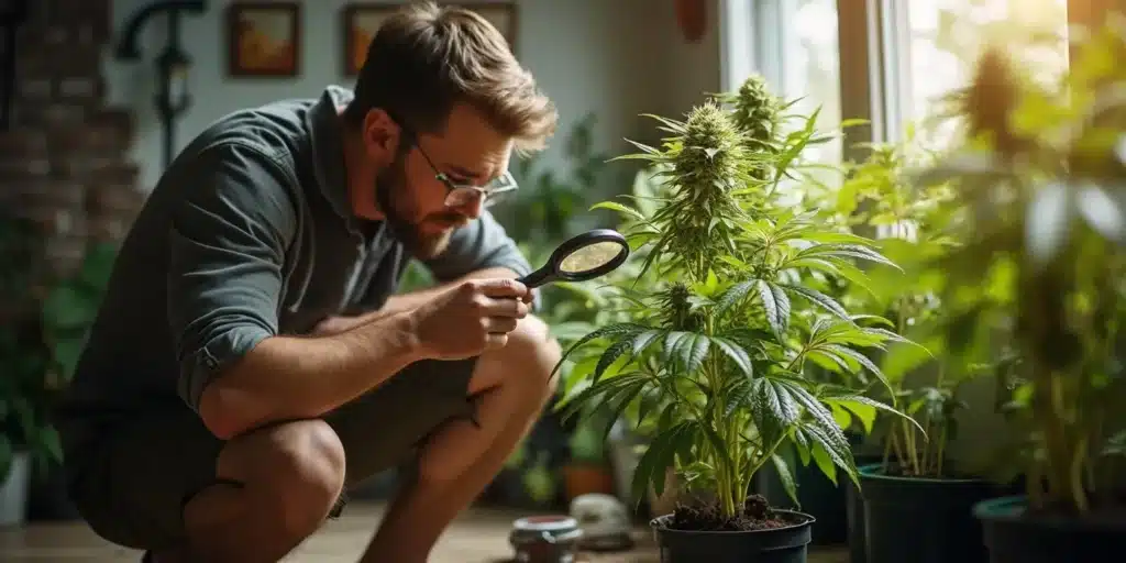 Grower inspecting cannabis buds with a magnifying glass during autoflower week 8.