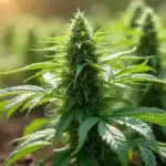 Healthy cannabis plant outdoors, illustrating results of bending stems during flowering.