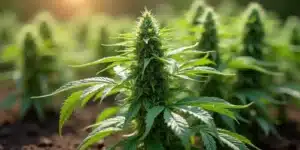 Healthy cannabis plant outdoors, illustrating results of bending stems during flowering.