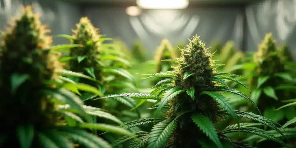 Mature cannabis cola with dense buds, 7 weeks into flowering.