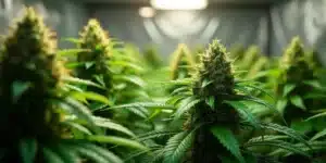 Mature cannabis cola with dense buds, 7 weeks into flowering.