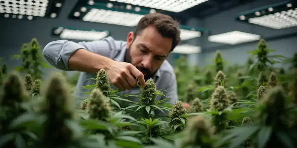 Grower inspecting cannabis plants under LED lights, focusing on bending stems during flowering.