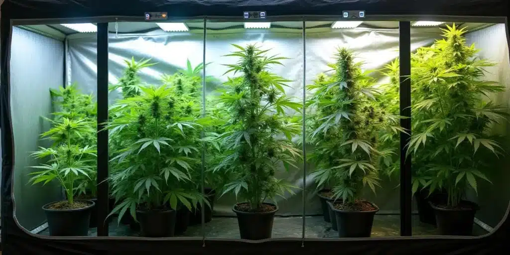 Lush cannabis plants thriving in a grow tent with controlled humidity.