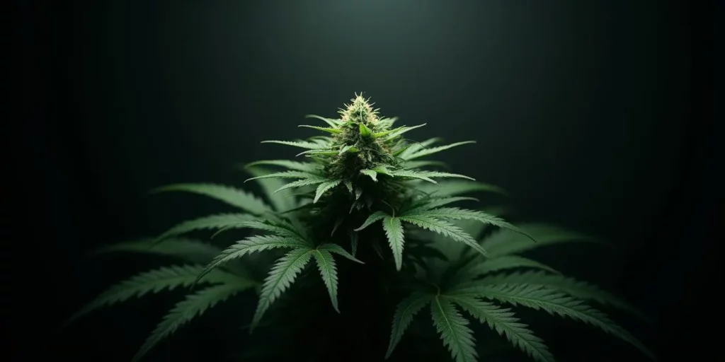 A single cannabis plant standing in complete darkness before harvest.