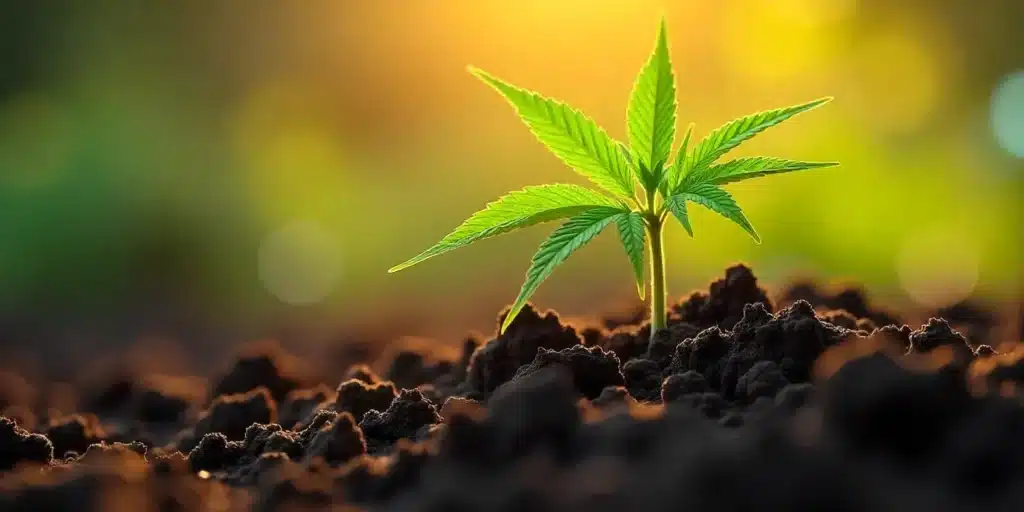 A young cannabis plant growing in rich soil under sunlight, symbolizing recovery after accidentally ripping its roots. Learn how to save your plant.