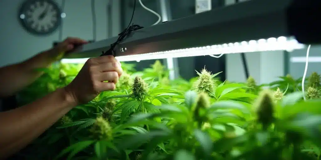 Adjusting LED lights over autoflower plants in week 7 with no buds.