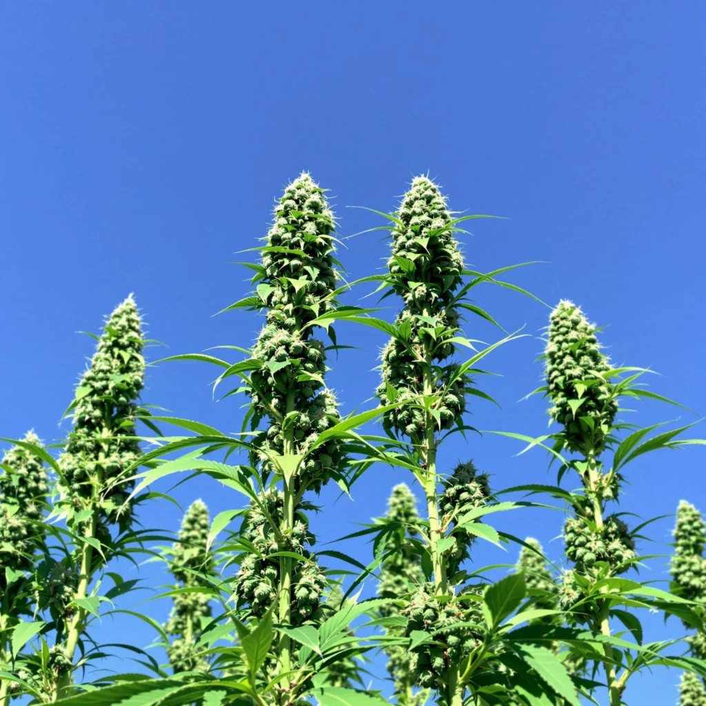 Close-up of Durban Poison plants with tall structure and dense buds.