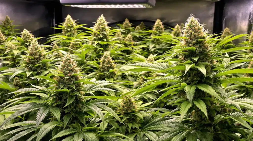 African x Princess 88 cannabis in indoor grow with resinous buds.