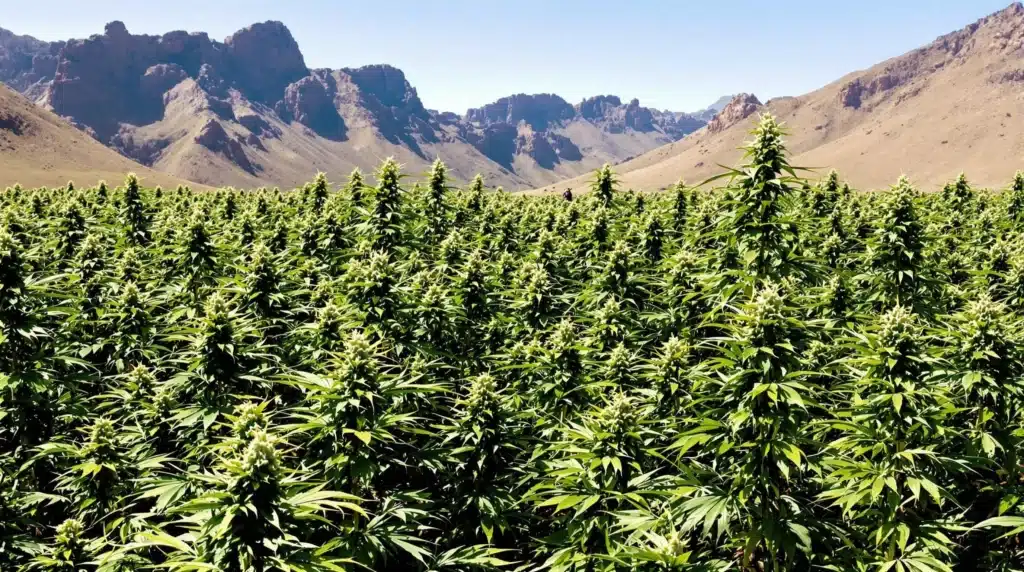 South African landrace cannabis field with tall plants and mountain backdrop.