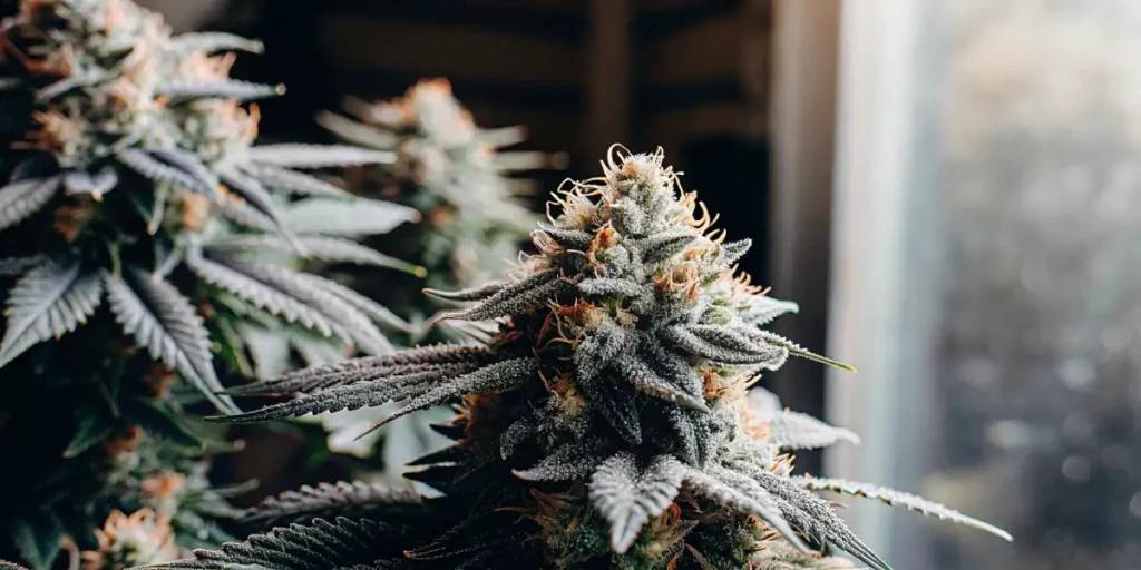 Alaskan Purple cannabis bloom with trichomes, set in a greenhouse with natural light.