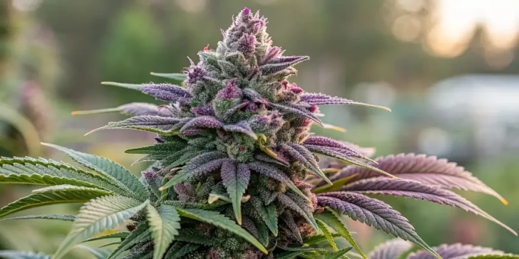 Alaskan Purple cannabis plant with purple tones and frosty buds in an outdoor setting.