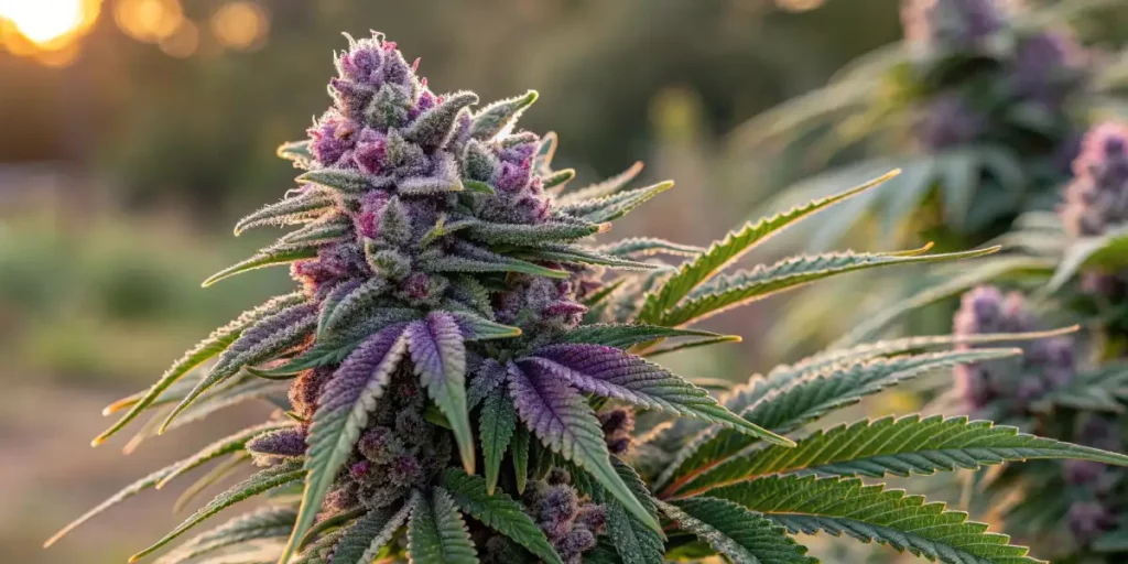 Alaskan Purple cannabis buds with purple and green hues, bathed in the warm glow of sunset.