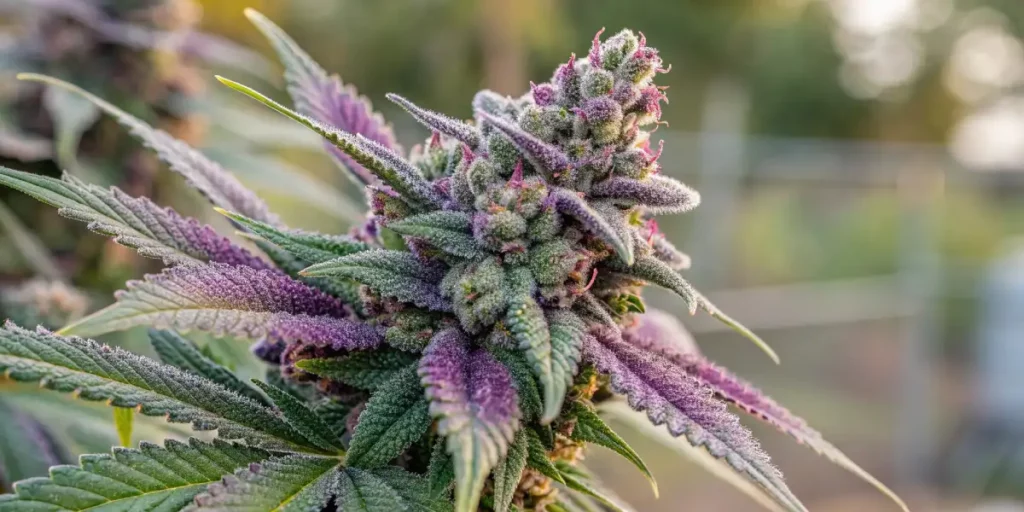 Close-up of Alaskan Purple cannabis flower with pink and purple hues under natural light.