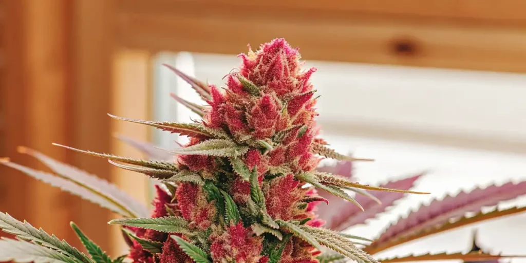 Alaskan Purple cannabis plant with red-pink buds and frosty trichomes growing indoors.