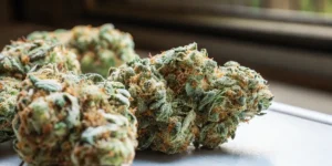 Close-up of an Alaskan Purple cannabis plant with dense, resinous buds and frosty trichomes.