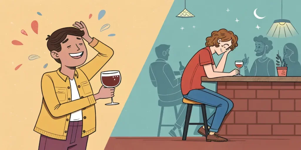 Split illustration: happy man with wine glass on left; sad man at bar, night scene on right.