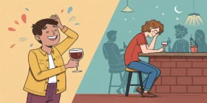 Split illustration: happy man with wine glass on left; sad man at bar, night scene on right.
