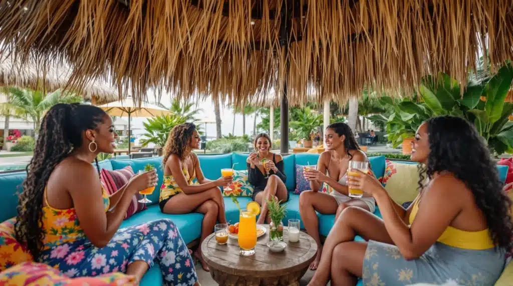 Guests enjoying Mango Kush at all-inclusive weed-friendly resorts Caribbean in a tropical lounge.