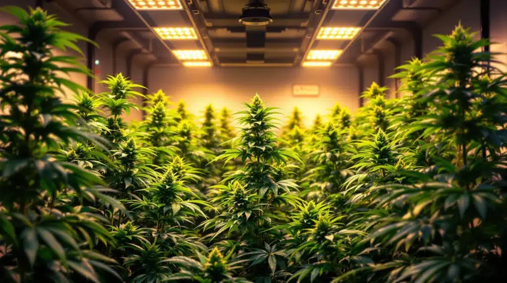 Indoor cannabis plants growing under LED lights.