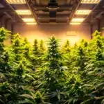 Indoor cannabis plants growing under LED lights.