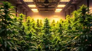 Indoor cannabis plants growing under LED lights.