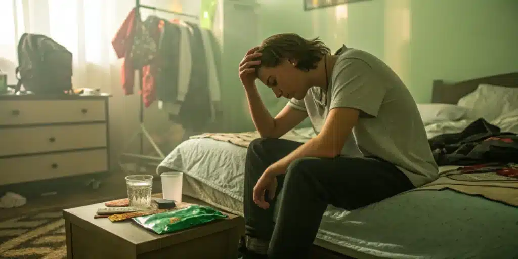Young man sitting on the edge of a bed, holding his head with a tired expression, with cannabis products on a bedside table in a dimly lit room