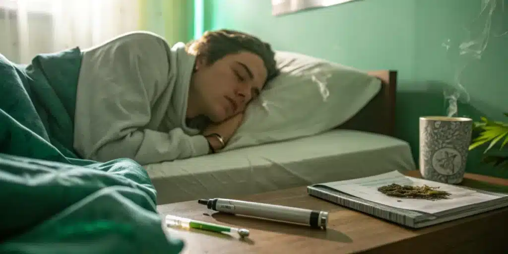 Person sleeping in bed with cannabis and vape pen on the nightstand, alongside a cup with visible smoke rising in a softly lit bedroom