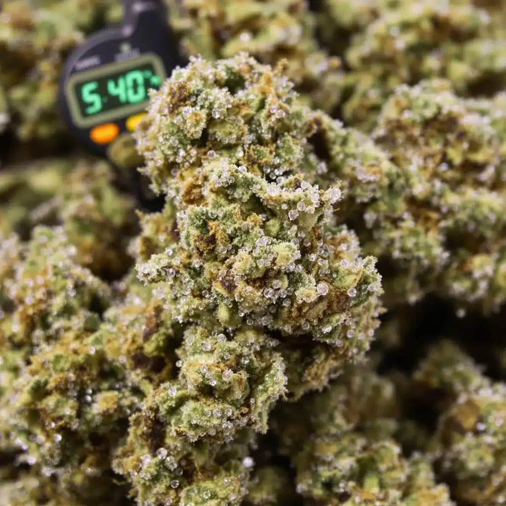 Cannabis buds with trichomes under 40% humidity, monitored by a digital hygrometer.