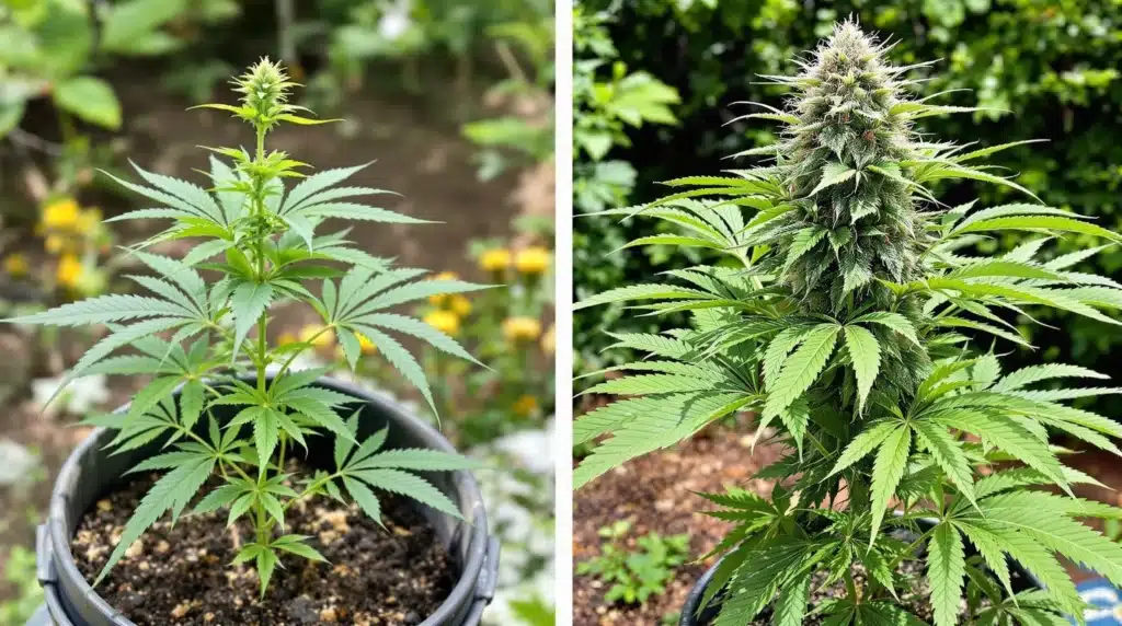 Side-by-side comparison of a seedling and a flowering autoflower cannabis plant outdoors.