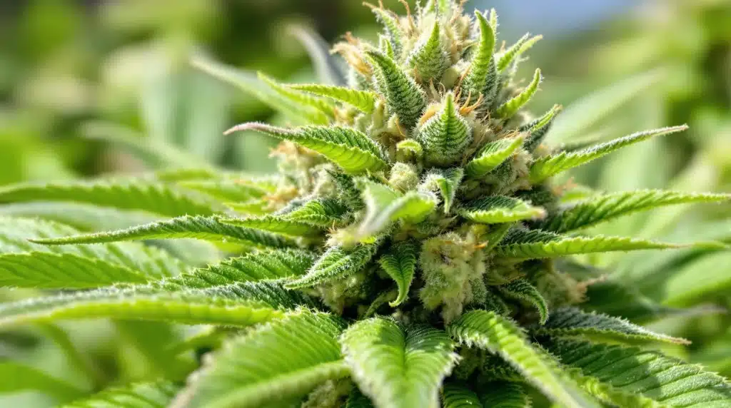 Autoflowering cannabis plant in flowering stage with dense, trichome-rich buds.