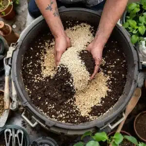 Mixing soil components for autoflowers, including perlite and coco coir.